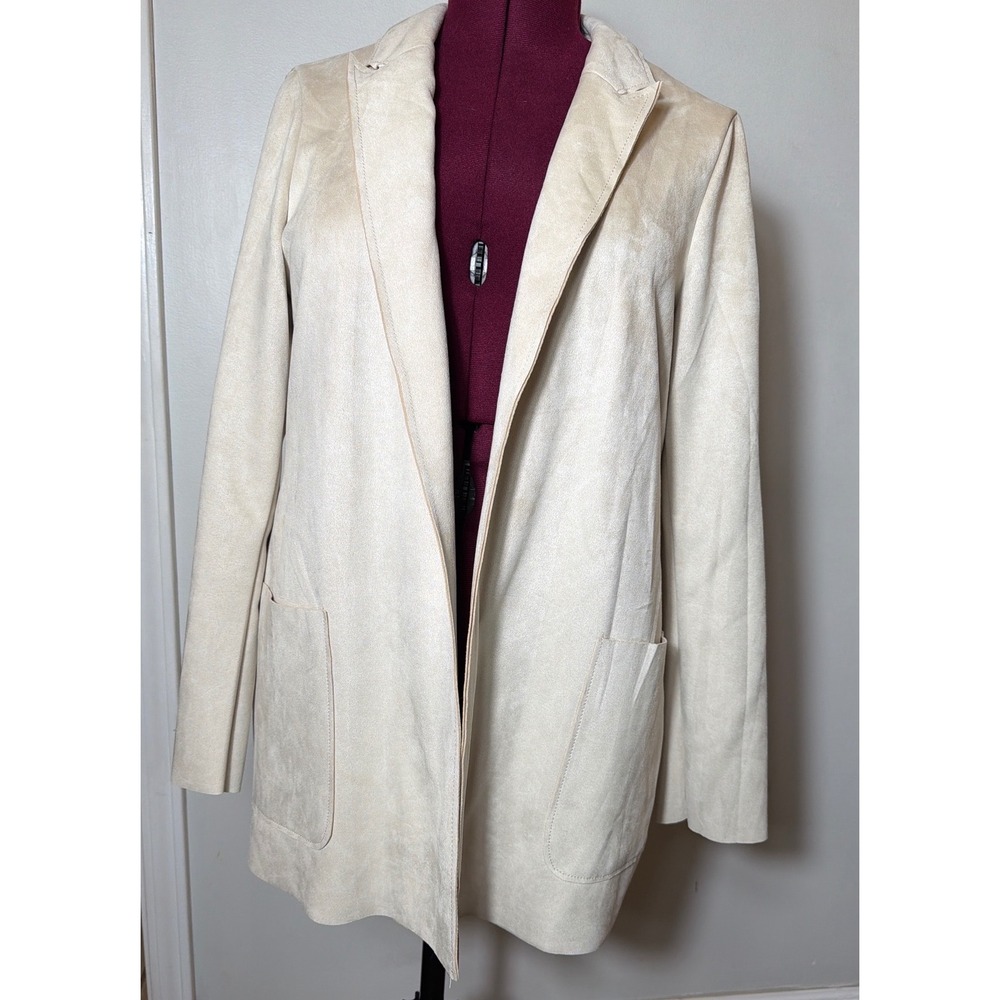 Premise Womens Cream Faux Leather Suede Open Front Blazer Jacket XL silky soft